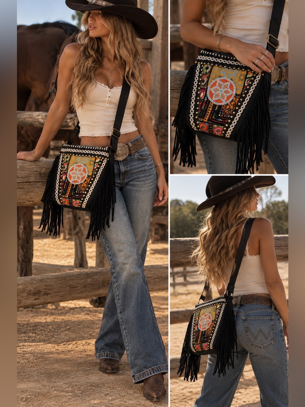 Fabulous Vintage Addiction Beaded Medallion Leather & Suede Fringe Boho Bag